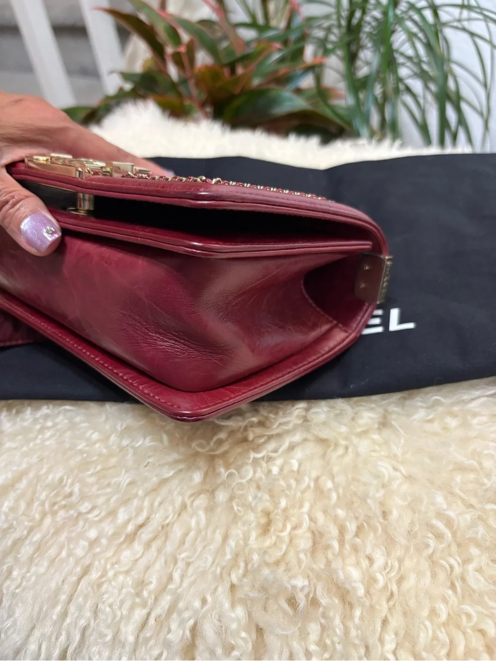 CHANEL Red Crumpled Calfskin Chevron Embellished Chain Boy Bag Small
